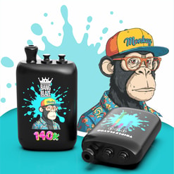 Black Vape Devices With A Cartoon Monkey Logo And Colorful 140K Bang Blaze Branding On A Blue Splash Background