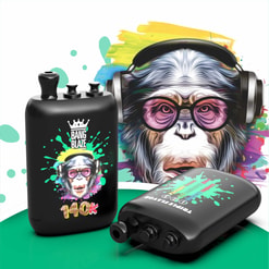 Black Vape Device With A Colorful Monkey Logo And Bang Blaze Branding, Shown With Matching Artwork On A White Background
