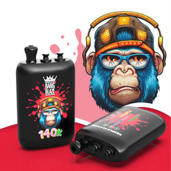 Black Vape Device With A Cartoon Blue Monkey Logo And The Text Bang Blaze 140K, Shown In Multiple Views