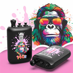 Black Vape Device With Colorful Gorilla Artwork, “Bang Blaze” Logo, And “140K” Text Displayed On A Pink Background