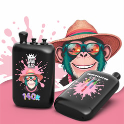 Two Black Vape Devices With Colorful Monkey Graphics And Pink Splashes On A White Background