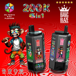 Colorful Bang Blaze 200K 6-In-1 Vape Ad With Two Devices, Cartoon Monkey, And Flavor Labels On A Red Background