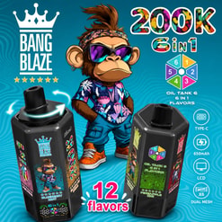 Colorful Bang Blaze 200K 6-In-1 Vape Ad With A Cartoon Monkey, Two Devices, And Flavor And Feature Icons