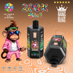 Colorful Bang Blaze 200K 6-In-1 Oil Tank Vape Ad With Cartoon Monkey And Product Bottles