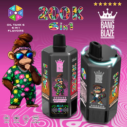 Promotional Graphic For Bang Blaze 200K 6-In-1 Oil Tank Vape, With Two Devices, A Cartoon Monkey, And Flavor Labels
