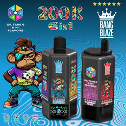 Promotional Graphic For Bang Blaze 200K 6-In-1 Vape, Showing Two Devices, Flavor Labels, And A Cartoon Monkey Mascot