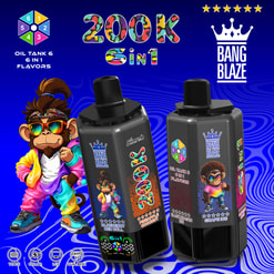 Promotional Graphic For Bang Blaze 200K 6-In-1 Vape With Two Black Devices, Cartoon Monkey, And Flavor Listings