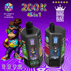 Purple Bang Blaze Ad Showing 200K 6-In-1 Vape Devices, A Cartoon Monkey Mascot, And Dual Black Pods With Flavor Labels