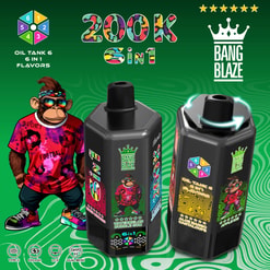 Promotional Graphic For Bang Blaze 200K 6-In-1 Oil Tank Vape With Two Device Images, A Cartoon Monkey, And Flavor Labels