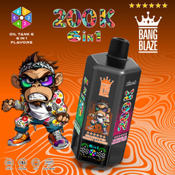 Promotional Graphic For A Bang Blaze 200K 6-In-1 Vape With Cartoon Monkey Mascot And Flavor Labels
