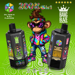 Colorful Ad For Bang Blaze 200K 6-In-1 Vape Flavors With A Cartoon Monkey, Two Devices, And Flavor Labels