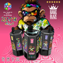 Promotional Graphic For Bang Blaze 6-In-1 Oil Tank Vape Devices With A Cartoon Monkey And Three Colorful Vape Units