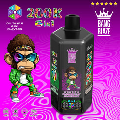 Purple Ad For A Bang Blaze 6-In-1 Vape Device With A Black Tank, Colorful Monkey Mascot, And Flavor Labels