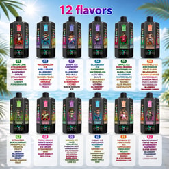 Promotional Graphic Showing 12 Bang Blaze Vape Bottles With A List Of Flavors On A Tropical Beach Background
