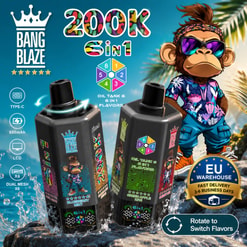 Promotional Graphic For Bang Blaze 200K 6-In-1 Vape Devices With Tropical Monkey Mascot And Flavor-Switching Feature Icons