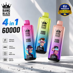Vapes desechables Bang Blaze 60k 4 en 1 en rosa, amarillo y morado con iconos de funciones y un distintivo de entrega desde almacén