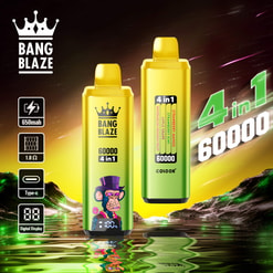 Promotional Graphic For Bang Blaze Vape Devices With Two Gold-And-Green Units, 4-In-1 Flavors, And Feature Icons On A Glowing Background