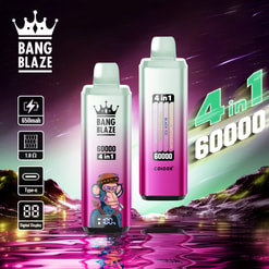 Promotional Graphic For Bang Blaze 4-In-1 Vape Devices With Battery, Type-C, And Digital Display Icons, Plus 60000 And 4 In 1 Text