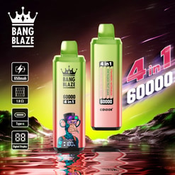 Bang Blaze 4-In-1 Disposable Vape Ad With Two Colorful Devices, Flavor List, And Feature Icons On A Neon Sci-Fi Background