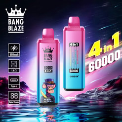 Bang Blaze 4-In-1 Vape Ad Showing Two Pink-To-Blue Devices With 60,000 Puffs And Feature Icons