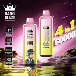 Promotional Graphic For Bang Blaze Vape Devices, Showing Two Pink-To-Yellow 4-In-1 60000 Puff Units And Feature Icons