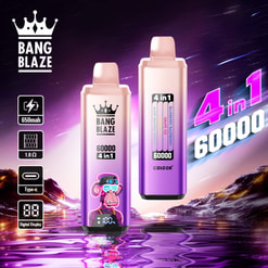 Promotional Graphic For Bang Blaze Vaping Devices, Showing Two Purple 4-In-1 Vape Pens With Feature Icons And 60000 Puff Claims