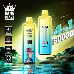 Bang Blaze 4-In-1 Vape Ad With Two Colorful Devices, Feature Icons, And 6000/60000 Puff Claims