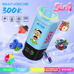 Bangde 300K 5-In-1 Vape Ad With A Blue Device And Floating Flavor Bubbles