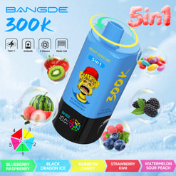 Bangde 300K 5-In-1 Vape Ad With Fruit Flavor Bubbles, Type-C, 650Mah, Mesh Coil, And 5 Flavors Shown