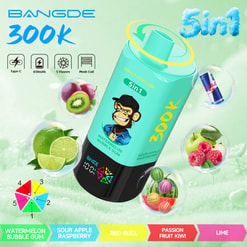 Bangde 300K Vape Ad Showing A Turquoise Sin1 Device With Five Flavor Options And Fruit Flavor Bubbles