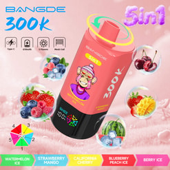 Bangde 300K Disposable Vape With Rotating Top, 5-In-1, 650Mah, And Five Fruit Flavors On A Pink Ad Background