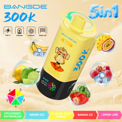 Bangde 300K Vape Ad With Yellow 5-In-1 Device, Fruit Flavor Bubbles, And Icons For Type-C, 650Mah, 5 Flavors, Mesh Coil