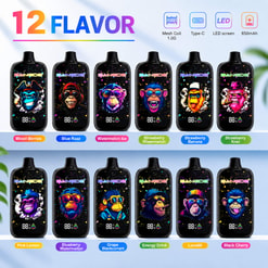 Anuncio del Vape Bangde con 12 Sabores mostrando 12 Dispositivos Coloridos con Temática de Mono y Funciones como Malla, Tipo-C, Pantalla Led, 650mAh