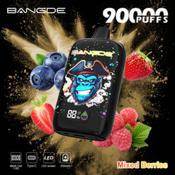 Dispositivo BANGDE de 9000 caladas sabor frutos del bosque con gráfico de gorila pirata y plátano, rodeado de bayas y salpicaduras de fruta