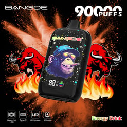 Vape Desechable Bangde 9000 Caladas con Gráfico de Simio, Llamas y Marca de Bebida Energética sobre Fondo Negro