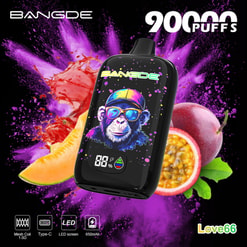 Anuncio del Vape Bangde 9000 Caladas con Salpicaduras de Frutas, Gráfico de Chimpancé e Iconos de Funciones en la Parte Inferior