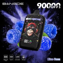 Dispositivo Vape Bangde 9000 Caladas Blue Razz con Gráfico de Mono, Arándanos y Iconos de Funciones sobre Fondo Negro