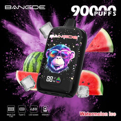 Gráfico Promocional del Vape Bangde 9000 Caladas Hielo de Sandía con Diseño Colorido de Mono, Rodajas de Sandía y Explosión de Polvo Morado