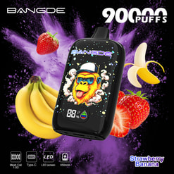 Anuncio del Vape Bangde 9000 Caladas con Plátano, Fresa y Plátano Pelado sobre Fondo Morado con Salpicaduras