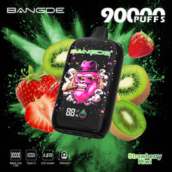 Vape Bangde 9000 Caladas Fresa con Kiwi con Pantalla Negra y Fondo de Salpicaduras de Frutas