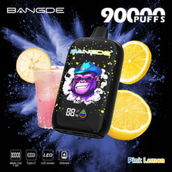 Anuncio del Vape Bangde 9000 Caladas Limón Rosado con Rodajas de Limón, Salpicadura de Bebida Rosada y Gráfico de Gorila en el Dispositivo