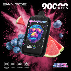 Anuncio del Vape Bangde 9000 Caladas con Sabor Arándano con Sandía, Salpicaduras de Frutas y Diseño Neón de Mono en la Pantalla del Dispositivo