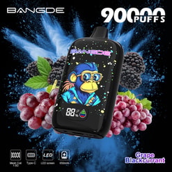 Vape Bangde 9000 Caladas Uva con Grosella Negra con Pantalla Led, Mostrado con Uvas y Grosellas sobre Fondo Azul con Salpicaduras