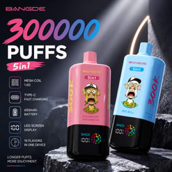 Bangde 300000 Puffs 5-In-1 Vape Ad With Pink And Blue Devices And Feature Icons