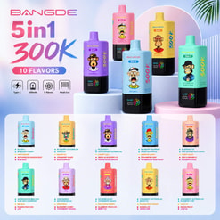 Bangde 5In1 300K Vape Ad Showing Five Colorful Devices And A List Of 10 Flavors With Type-C, 650Mah, And Mesh Coil Icons