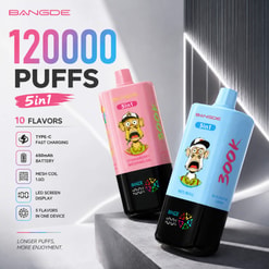 Promotional image of the Bang de 300k 5-in-1 e-cigarette device, available in pink and blue, featuring a list of features and flavor labels