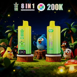 Two Green Bang King Vapen 8-In-1 200K Vape Devices Shown In A Cartoon Forest With Angry Birds Characters And Glowing Lights