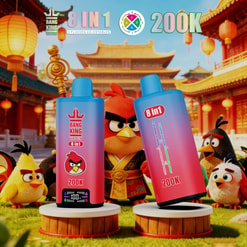 Promotional Image Of Two Bang King 8-In-1 Vape Devices With Angry Birds Characters In A Chinese Temple Setting