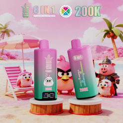 Pink-And-Green Bang King Vape Ad With Two 8-In-1 200K Devices On A Tropical Cartoon Beach