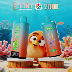 Two Bang King Vapes On Pedestals In An Underwater-Themed Ad With A Cartoon Bird And “8 In 1 200K” Text